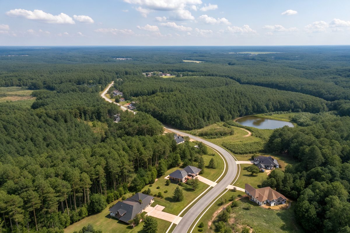 Aerial view of homes and winding streets among dense pine and hardwood forest