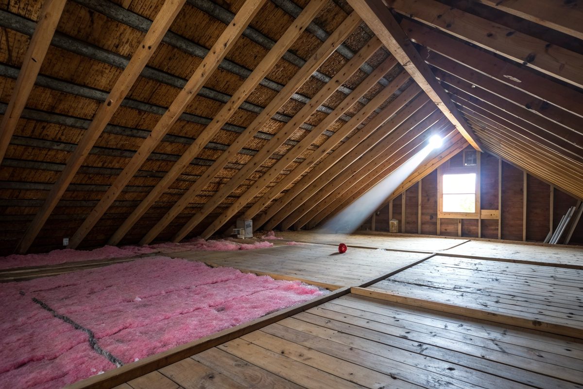Sunlight through a ridge vent onto attic rafters and roof decking