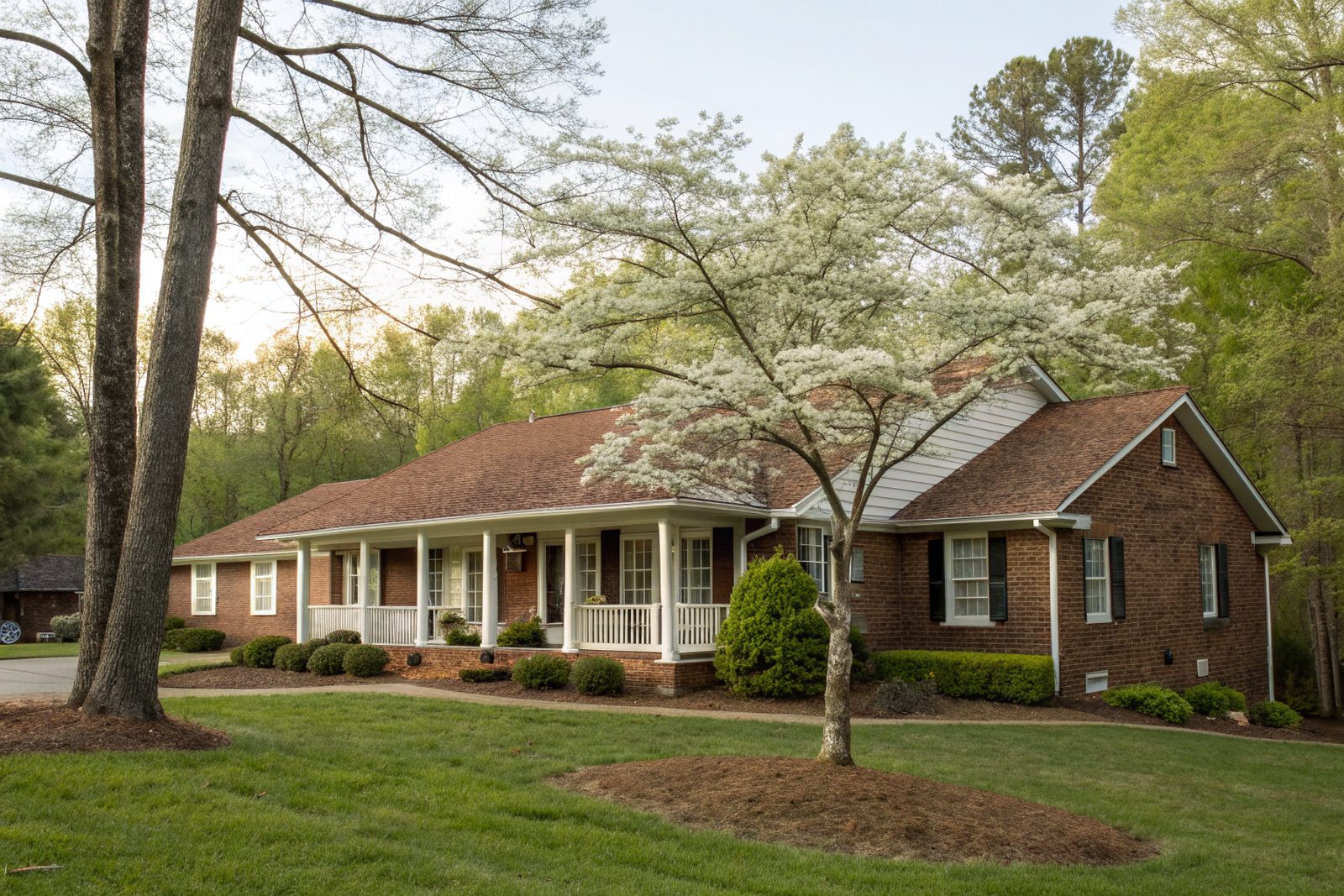 A one-story brick ranch home with a brown shingle roof and a blooming dogwood