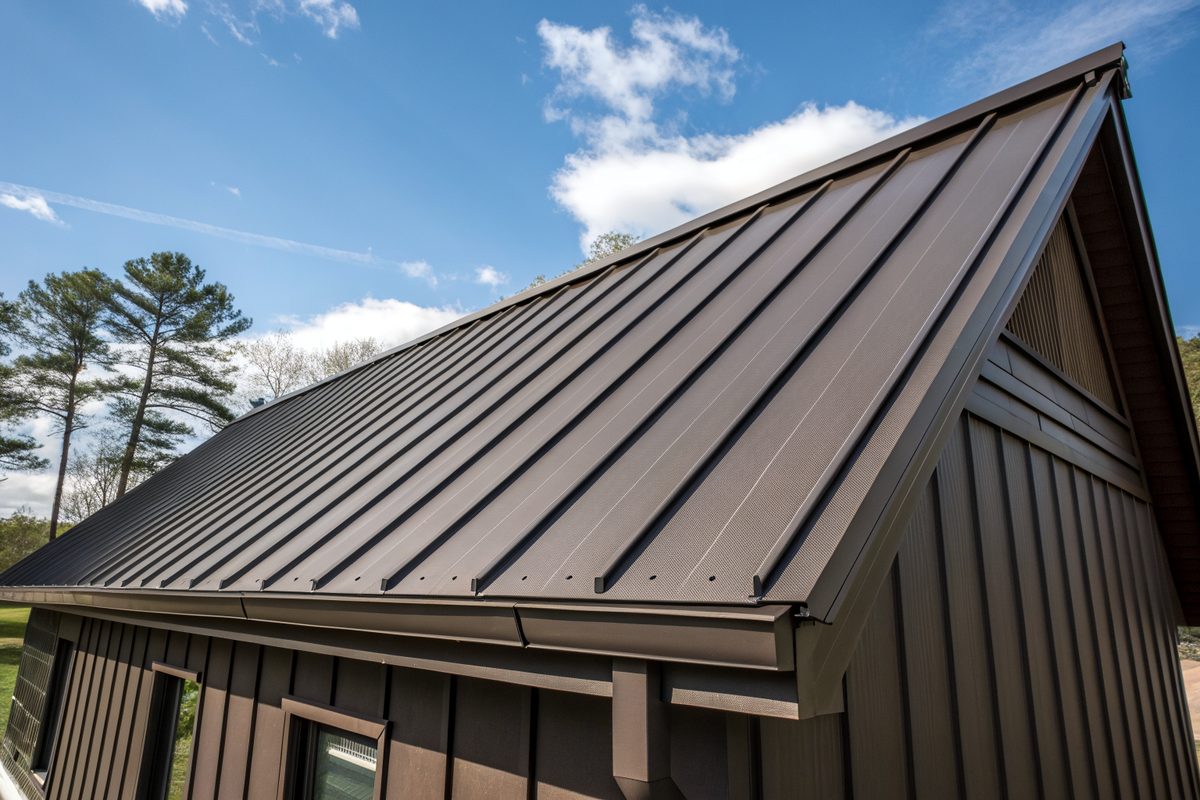 Close view of dark bronze standing-seam metal roof panels against a blue sky