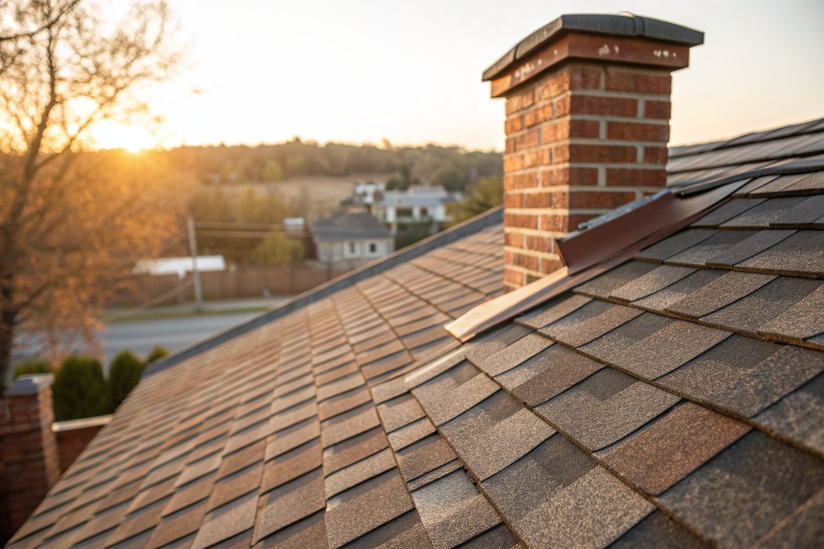 New brown architectural shingles and step flashing beside a brick chimney