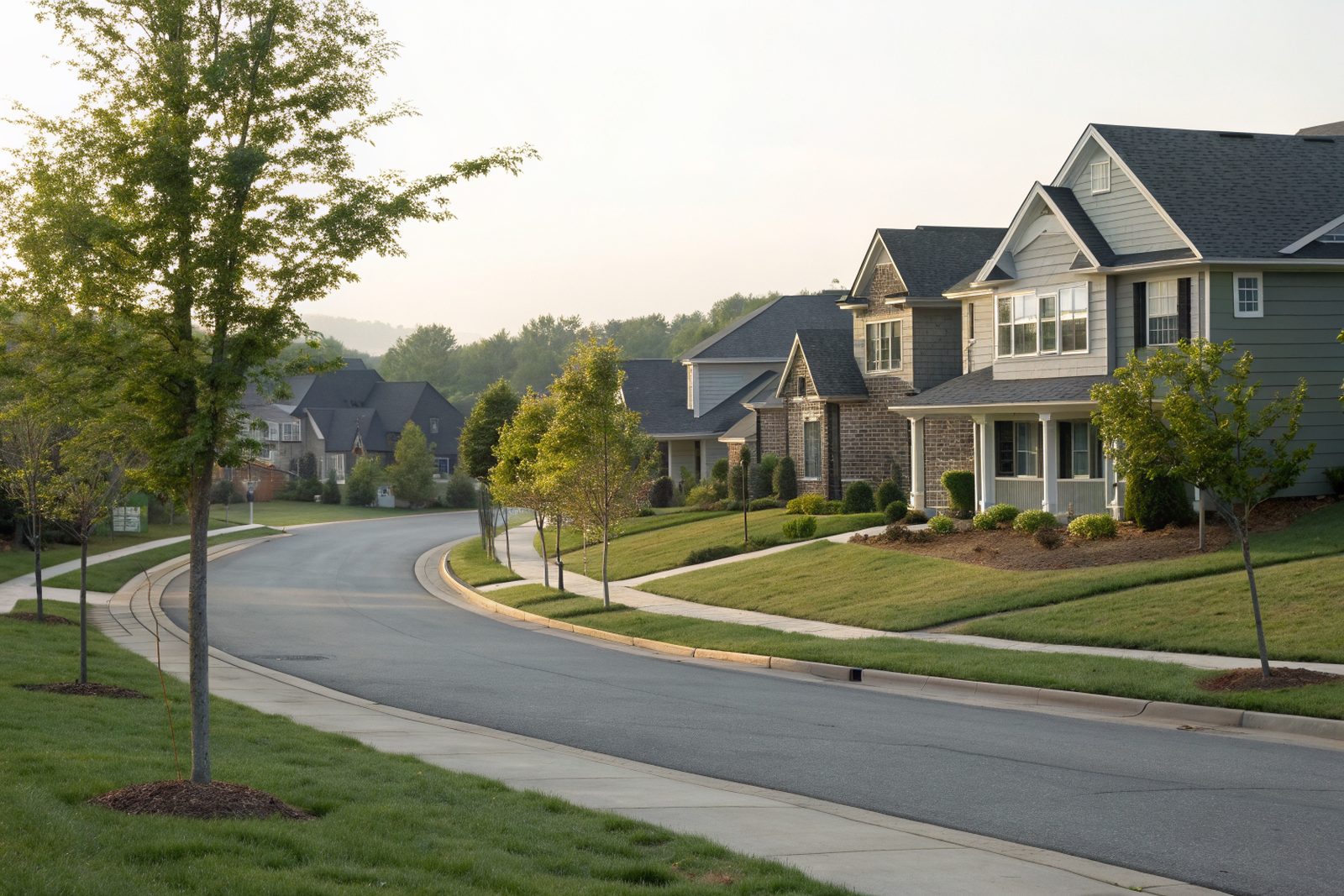 A curving street of two-story craftsman homes with charcoal shingle roofs and young maples