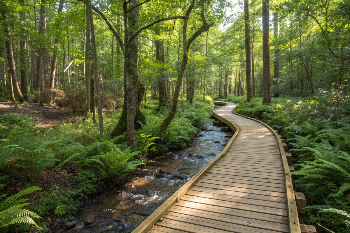 A wooden boardwalk trail through shady hardwood forest beside a creek