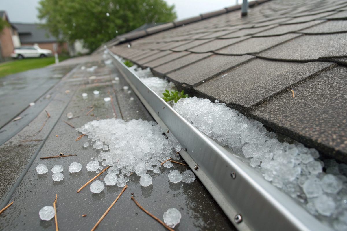 Small hailstones gathered in a gutter and scattered on gray shingles