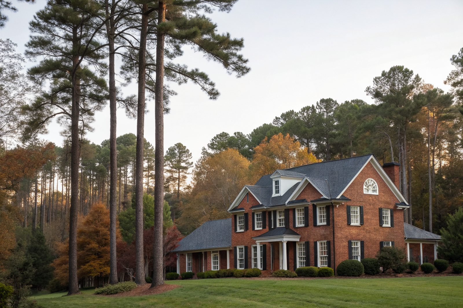 A two-story red brick colonial home with a dark gray shingle roof under tall pines