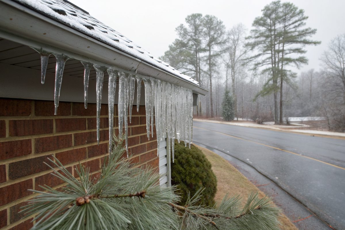 Icicles and thick ice along the gutter of a brick house with ice-glazed pine branches