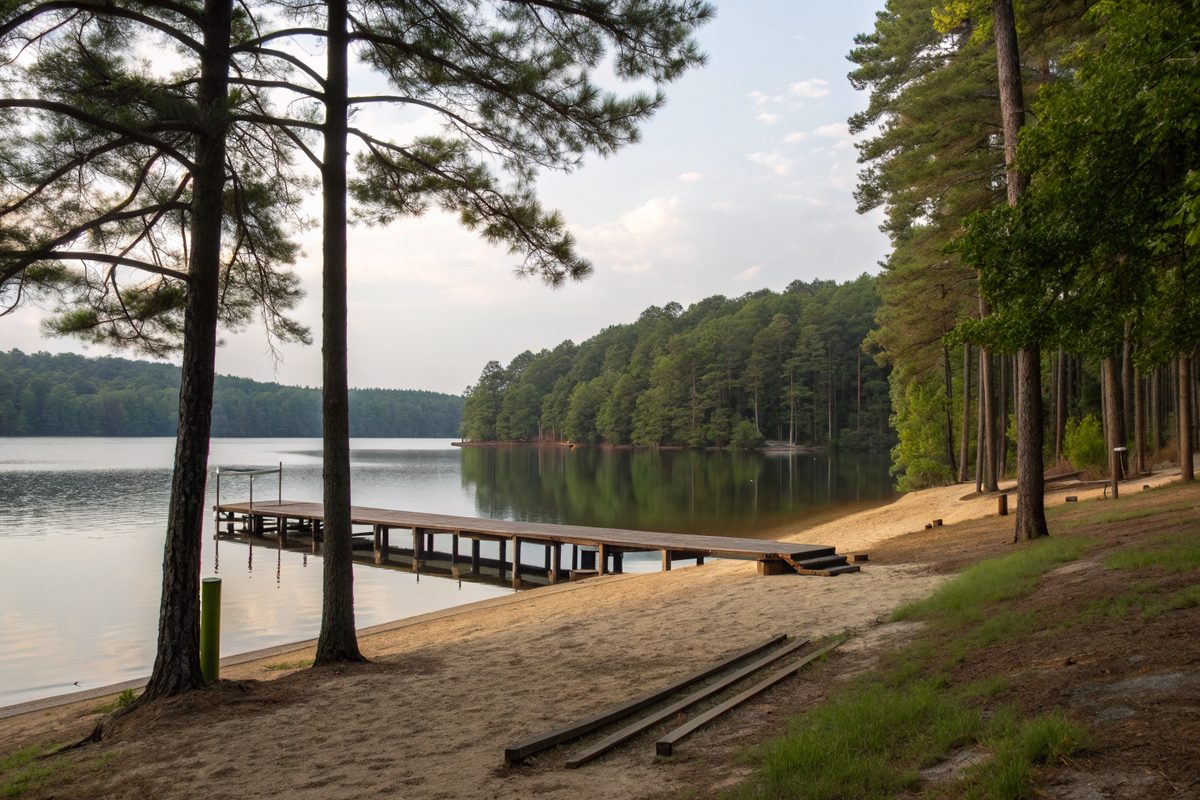 A calm lake shore with tall pines, a small beach and a wooden dock