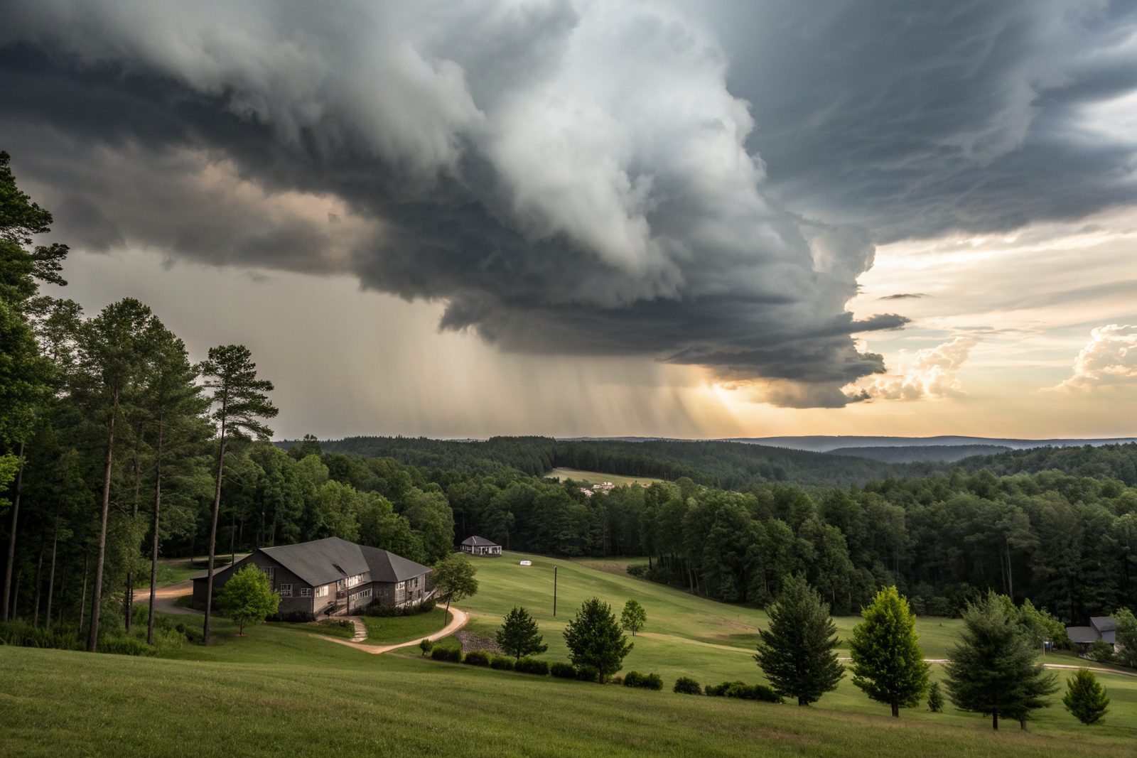 Dark storm clouds and rain over rolling pine forest and a few rooftops