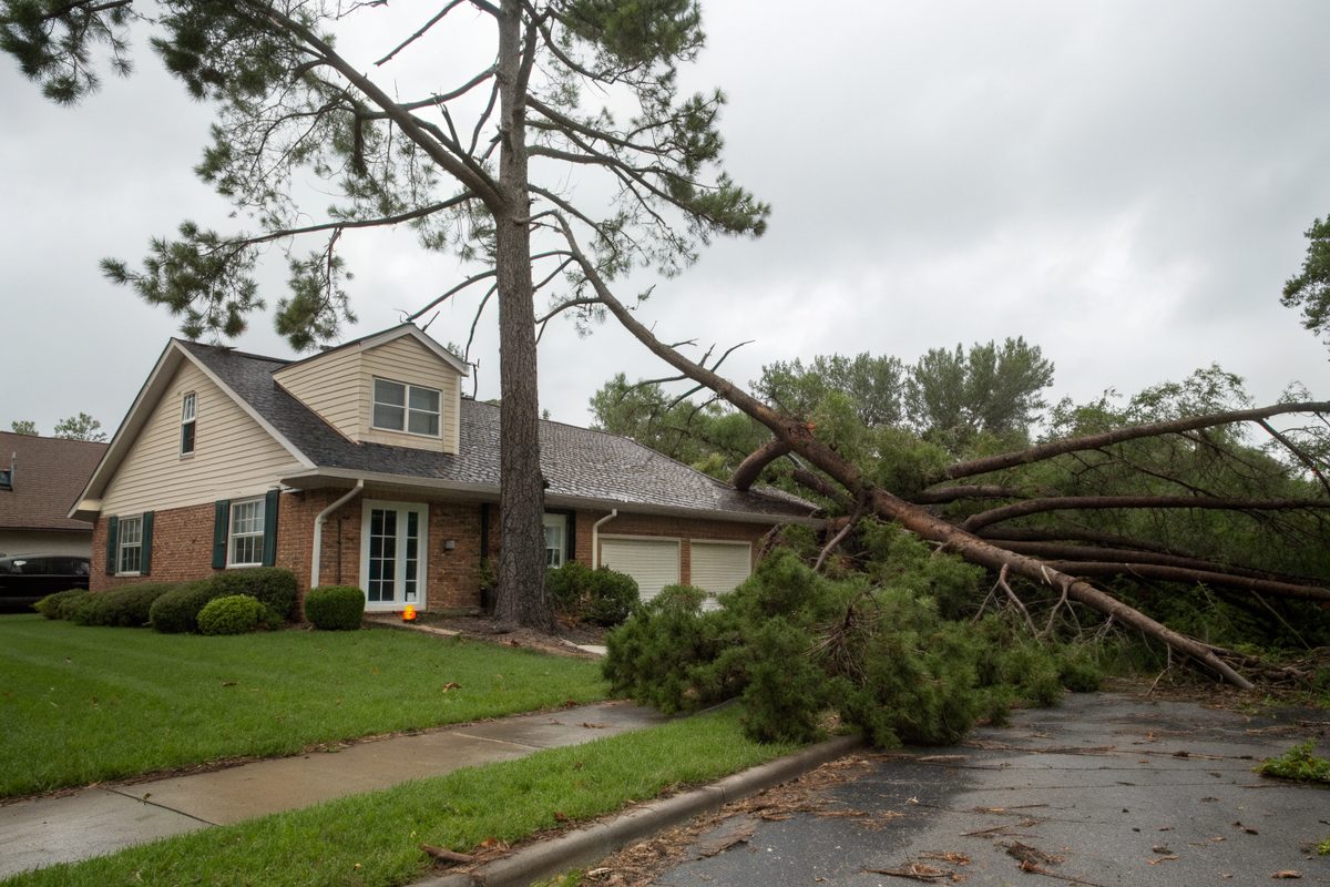 A snapped pine tree lying across the roof of a two-story home after a storm