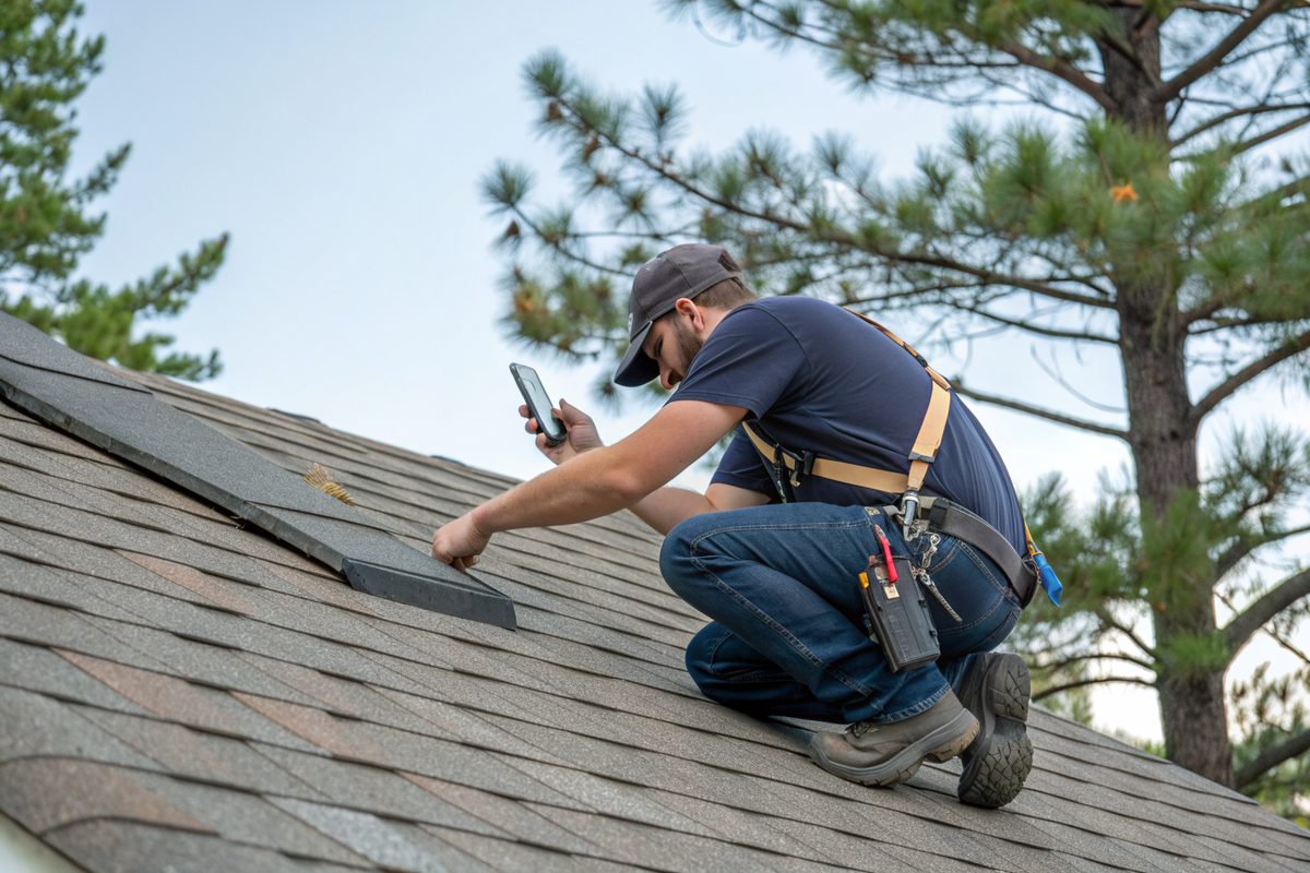 A roofer in a safety harness photographing a lifted shingle tab on a steep roof