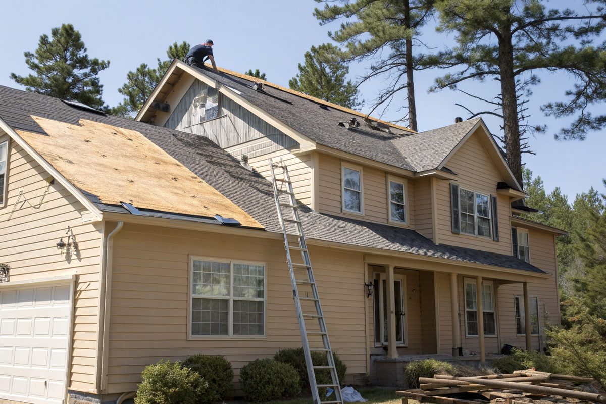A two-story house mid-replacement, one slope stripped to the plywood decking
