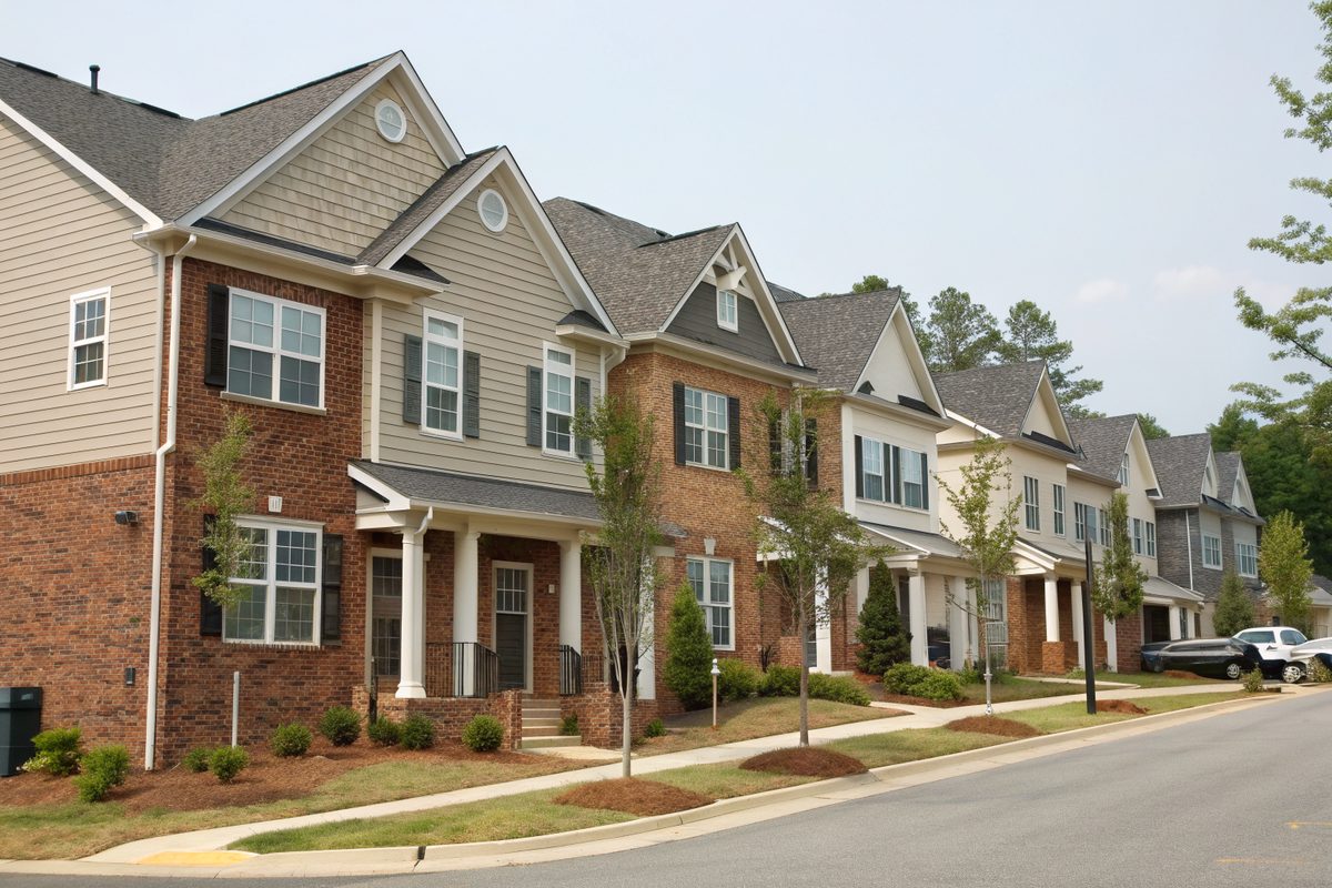 A row of three-story townhomes with brick and siding fronts and gray shingle roofs
