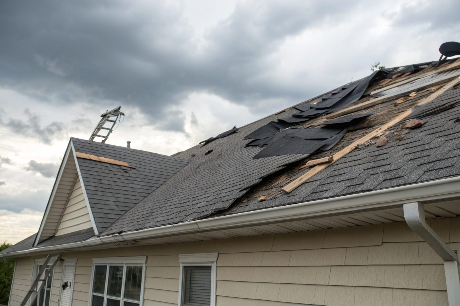 Torn ridge cap shingles and creased shingles on a roof after a windstorm